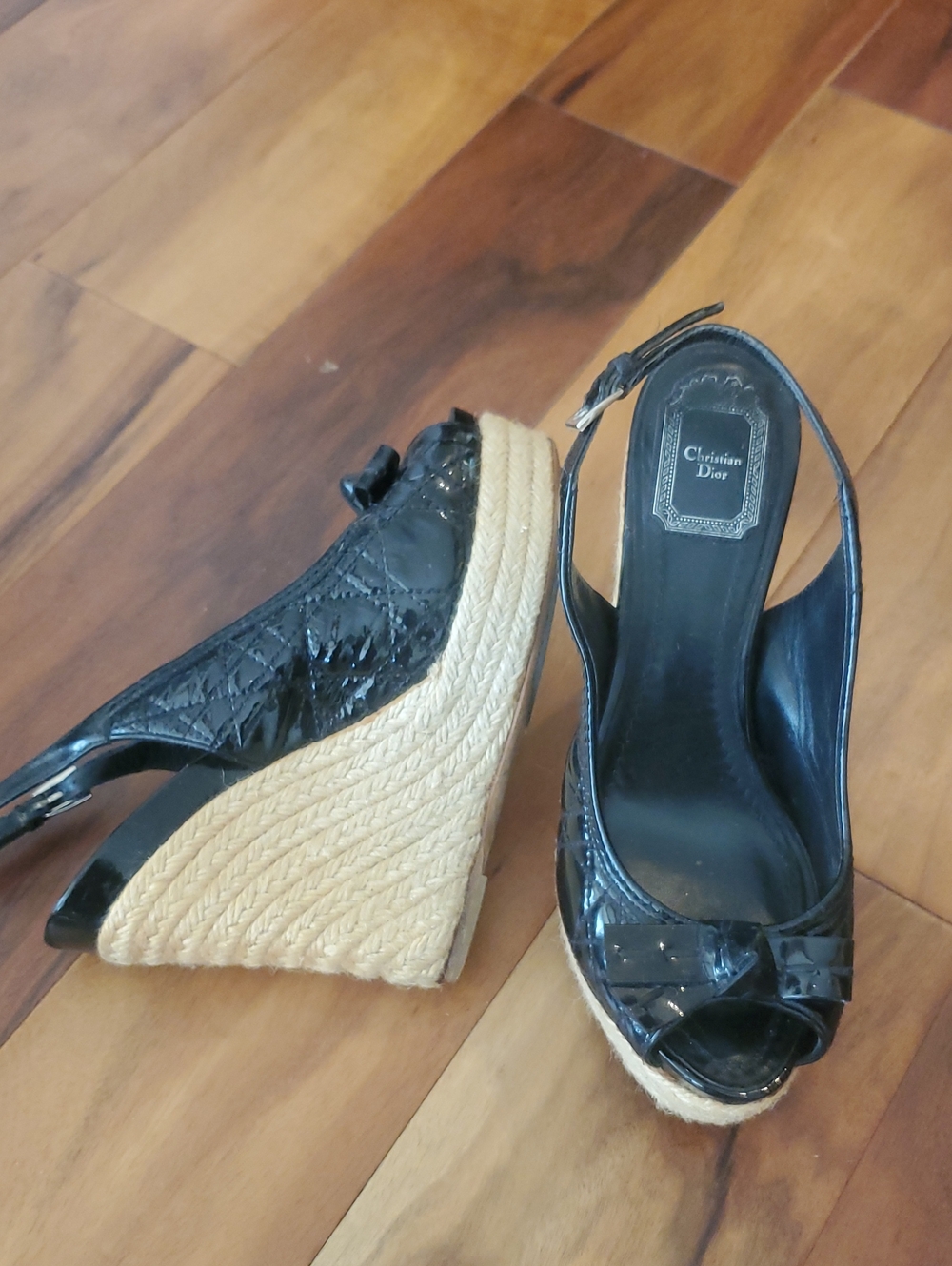 Dior Black Patent Leather Espadrille Wedge Sandals with Bow